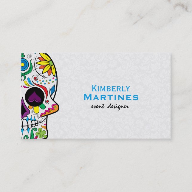 Colourful Floral Sugar Skull & White Damasks 2 Business Card (Front)