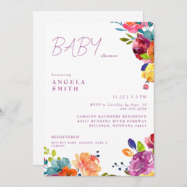 Colourful Floral Summer Baby Girl Shower Invitation (Front/Back)
