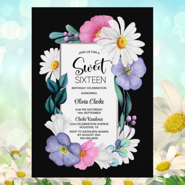 Colourful Floral Sweet Sixteen Birthday Invitation (Creator Uploaded)