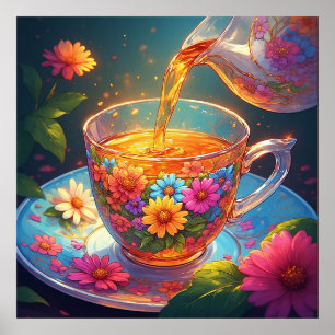 Colourful Floral Teacup with Pouring Herbal Tea Poster