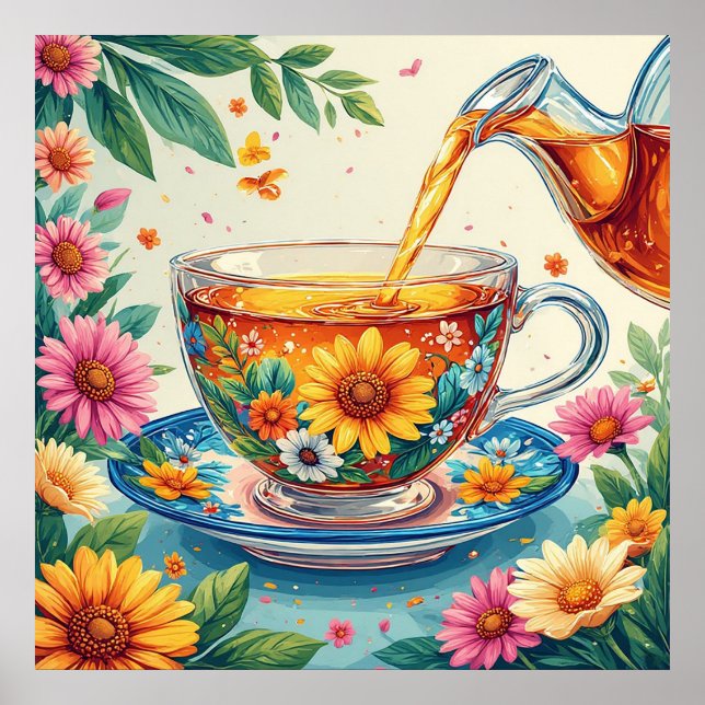 Colourful Floral Teacup with Pouring Herbal Tea Poster (Front)