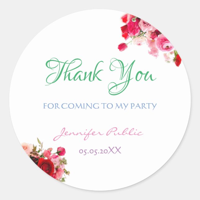 Colourful Floral Thank You Template Hand Script To Classic Round Sticker (Front)
