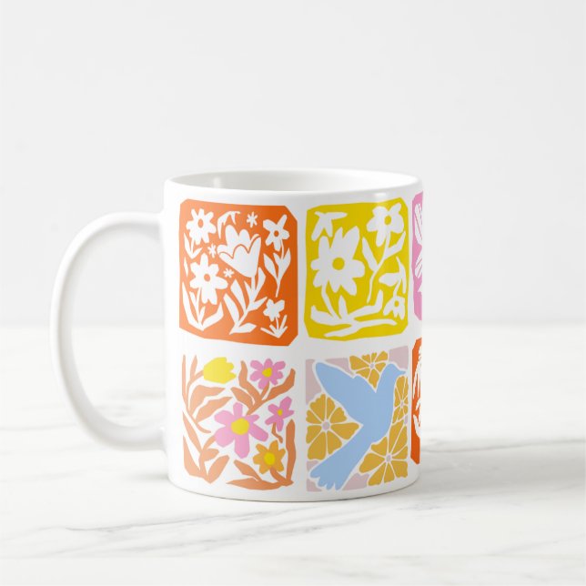  Colourful Floral Tile Botanical Folk Whimsical  Coffee Mug (Left)