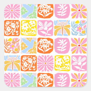 Colourful Floral Tile Botanical Folk Whimsical Square Sticker