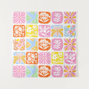 Colourful Floral Tile Botanical Folk Whimsical Tapestry