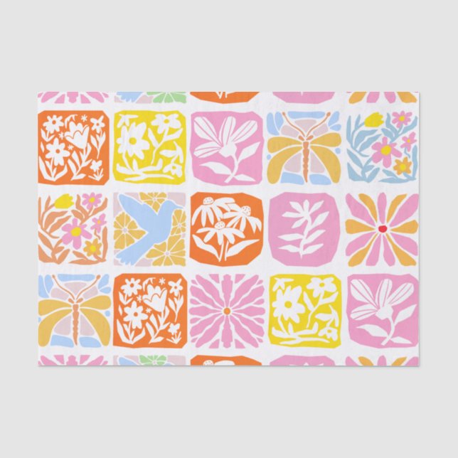  Colourful Floral Tile Botanical Folk Whimsical  Tissue Paper (Front)