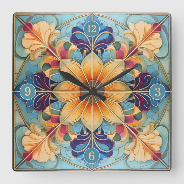 Colourful Floral Tile Pat# Powder Blue Gold ID1078 Square Wall Clock (Front)