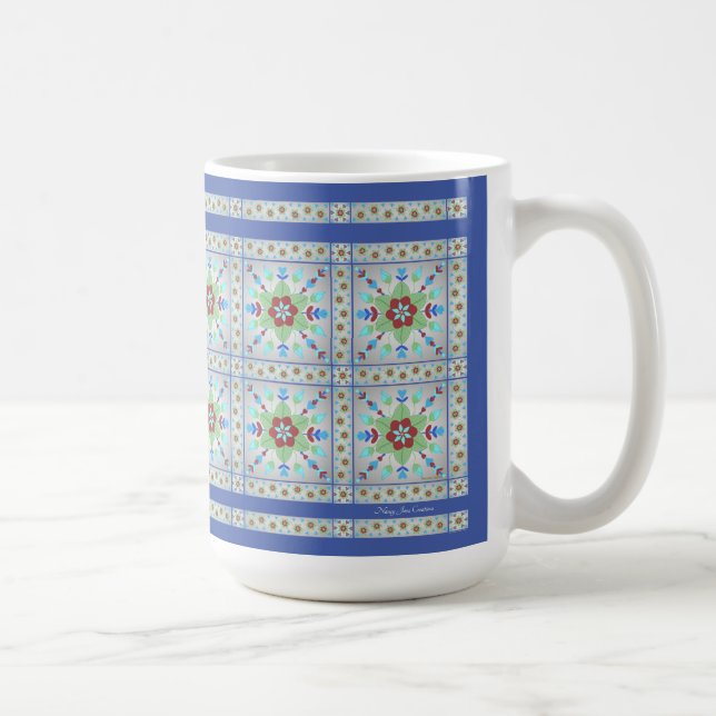 Colourful Floral Tile Pattern Mug (Dk Blue) (Right)