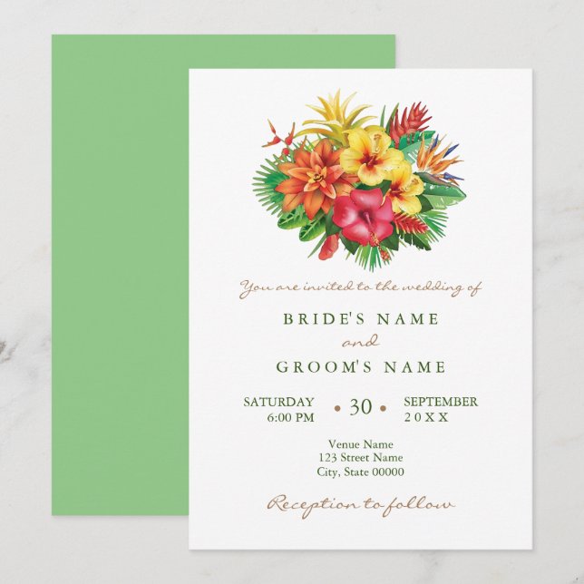 Colourful floral tropical wedding invitation (Front/Back)