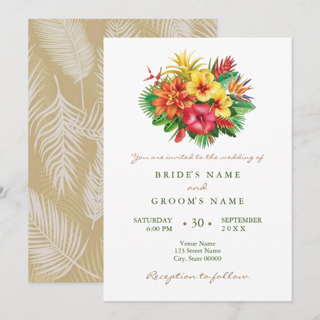 Colourful floral tropical wedding invitation (Front/Back)