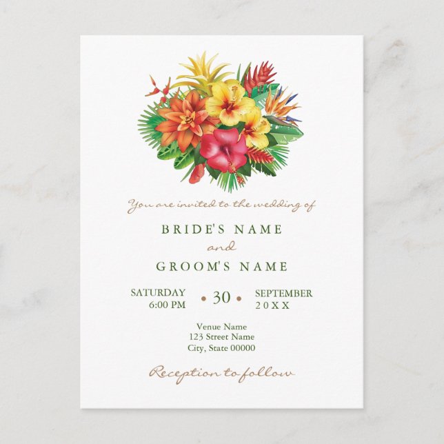 Colourful floral tropical wedding invitation postcard (Front)