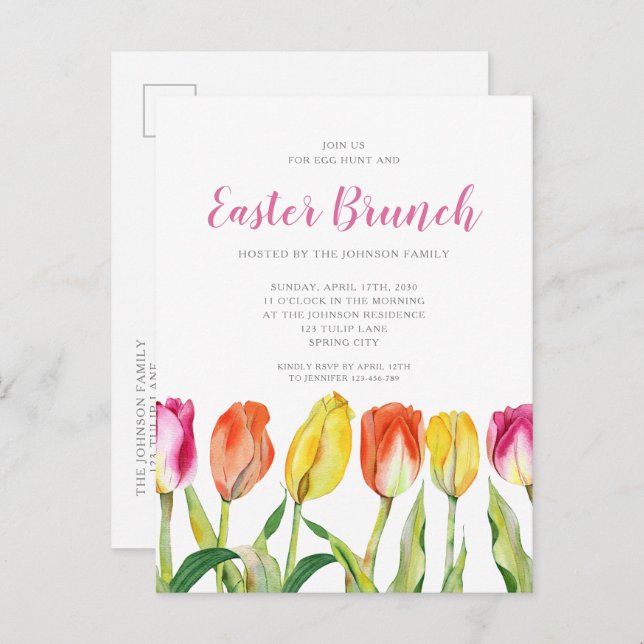 Colourful Floral Tulips Easter Brunch  Invitation Postcard (Front/Back)