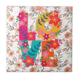 Colourful Floral Typography on Pastel Boho Flowers Tile