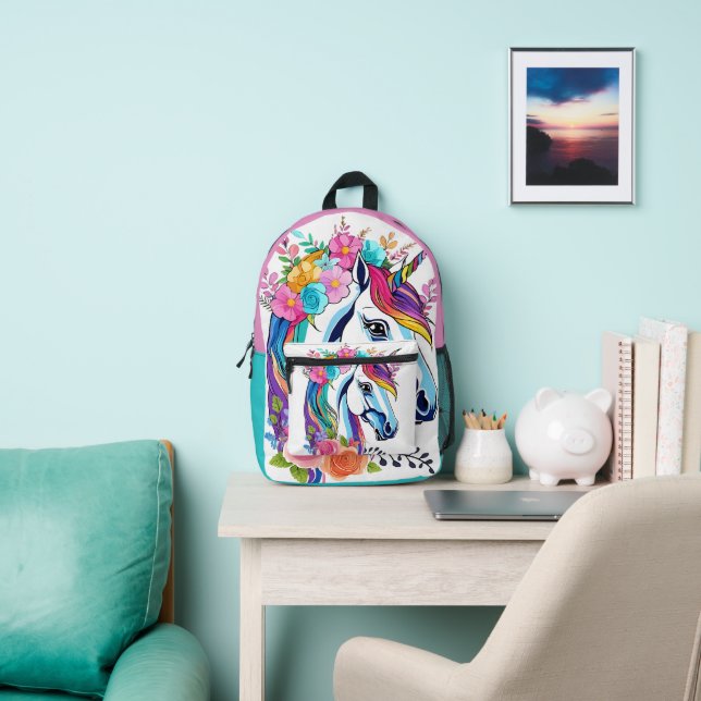 Colourful Floral Unicorn Design Personalised Custo Printed Backpack (Insitu)