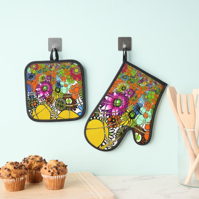 Colourful Floral Vector Art Design Oven Mitt & Pot Holder Set (Insitu(Hanging))
