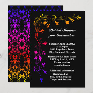 Colourful Floral Vines Bridal Shower Black BKGD Invitation