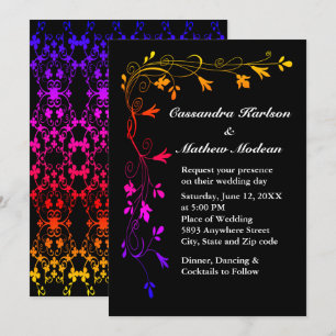 Colourful Floral Vines on Black Background Wedding Invitation