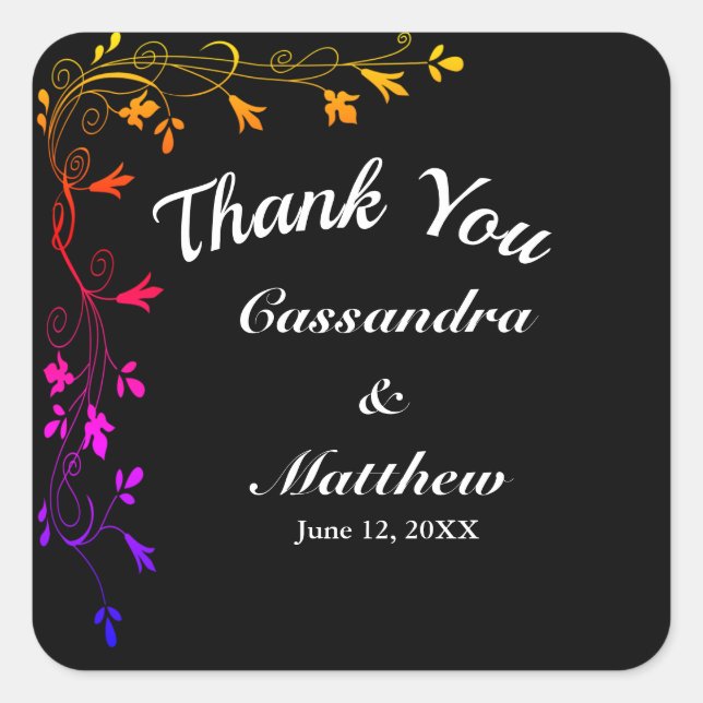 Colourful Floral Vines on Black Background Wedding Square Sticker (Front)