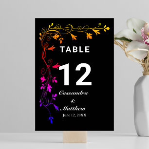Colourful Floral Vines on Black Background Wedding Table Number