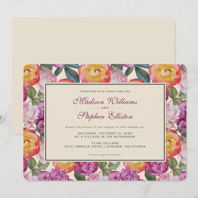 Colourful Floral Watercolor Bouquet - Wedding Invitation (Front/Back)