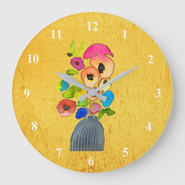 Colourful floral watercolor flowers large clock (Front)