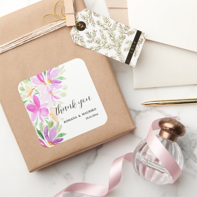 Colourful Floral Watercolor Hand-painted Monogram Square Sticker (Gifting)