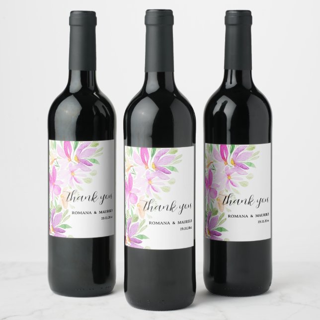 Colourful Floral Watercolor Hand-painted Monogram Wine Label (Bottles)