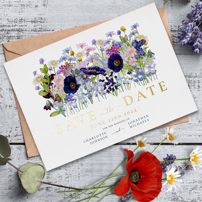 Colourful Floral Watercolor Wedding Gold (Colorful wildflowers blue and gold foil typography script wedding save the date invitation )