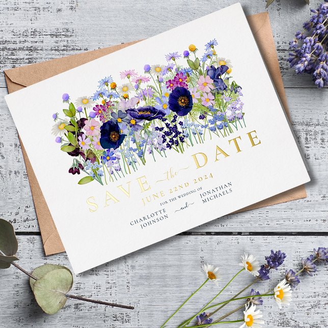 Colourful Floral Watercolor Wedding Gold Foil Invitation Postcard (Colorful wildflowers modern blue and gold foil typography script wedding save the date invitation )