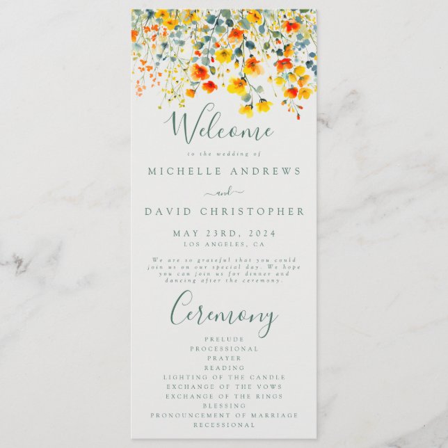Colourful Floral Watercolor Wedding Programme (Front)