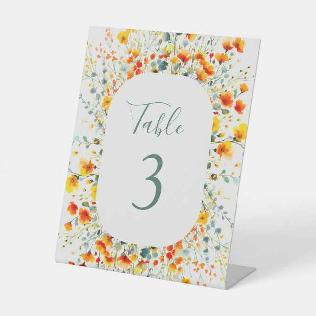Colourful Floral Watercolor Wedding Table Number Pedestal Sign (Front)
