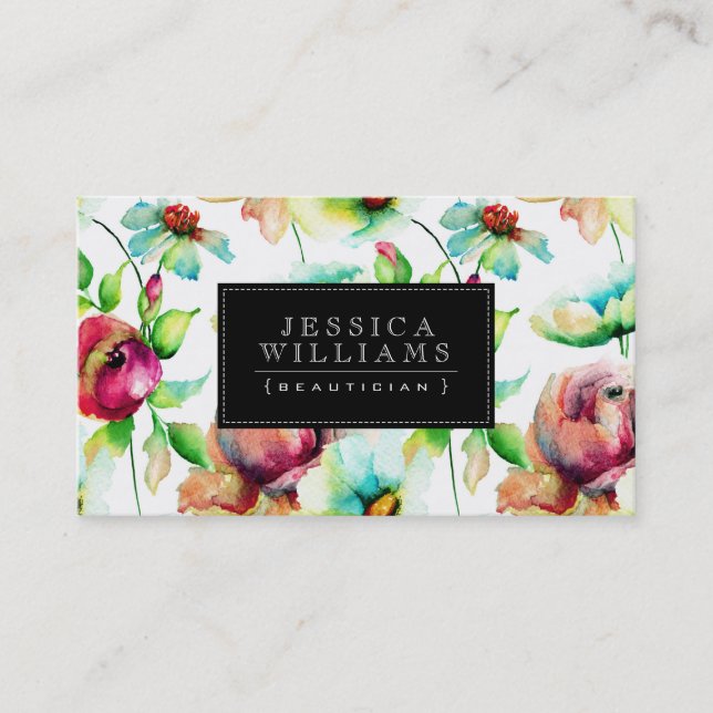 Colourful Floral Watercolors Illustration Business Card (Front)