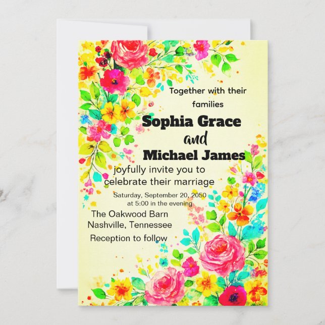Colourful Floral Wedding Invitation | Watercolor  (Front)