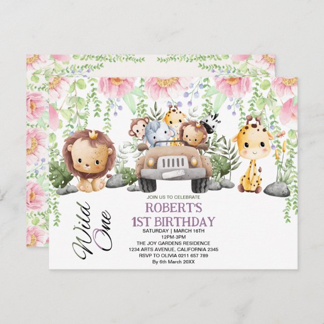 Colourful Floral Wild One Jungle Safari Birthday   Invitation (Front/Back)