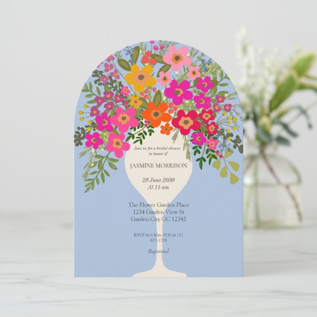 Colourful Floral Wine Glass Bridal Shower Invitation (Standing Front)