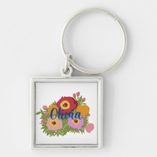 Colourful Floral With Custom Name Key Ring