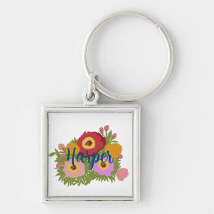 Colourful Floral With Custom Name Key Ring