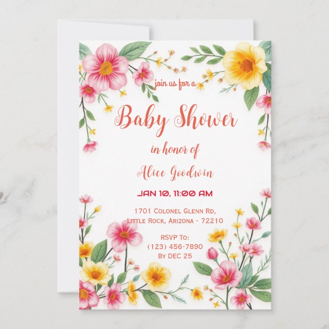 Colourful Floral with Pink and Yellow Baby Shower Invitation (Front)
