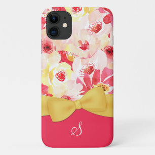 Colourful Floral with Yellow Bow and Monogram iPhone 11 Case