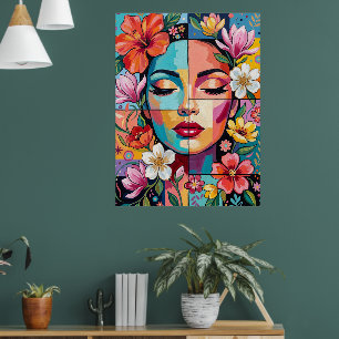 Colourful Floral Woman Portrait Colourful Pop Art Poster