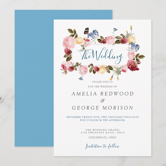 Colourful Floral Wreath And Butterfly Wedding Invitation (Front/Back)