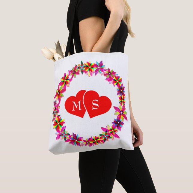 Colourful Floral Wreath And Hearts Tote Bag (Close Up)