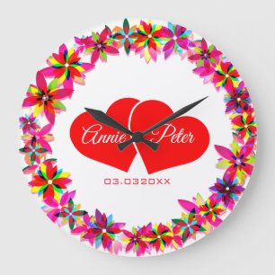 Colourful Floral Wreath And Red Hearts Large Clock