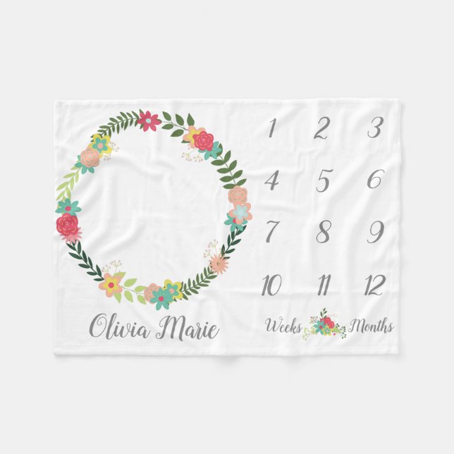 Colourful Floral Wreath Baby Milestone Blanket (Front (Horizontal))