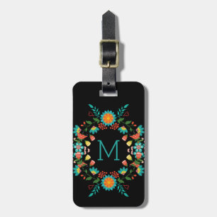 Colourful Floral Wreath Frame Black Background Luggage Tag