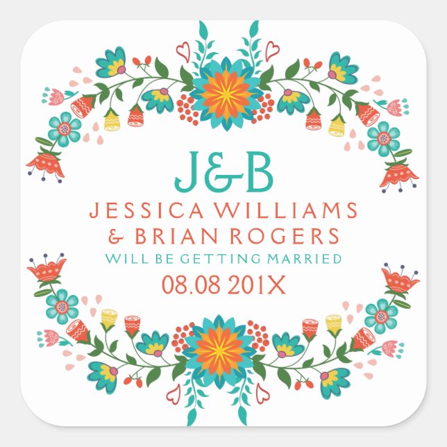 Colourful Floral Wreath Frame Square Sticker (Front)