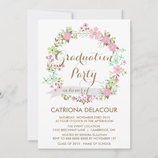 Colourful Floral Wreath Graduation Party Invitatio Invitation (Front)