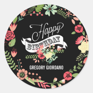 Colourful Floral Wreath Happy Birthday Classic Round Sticker