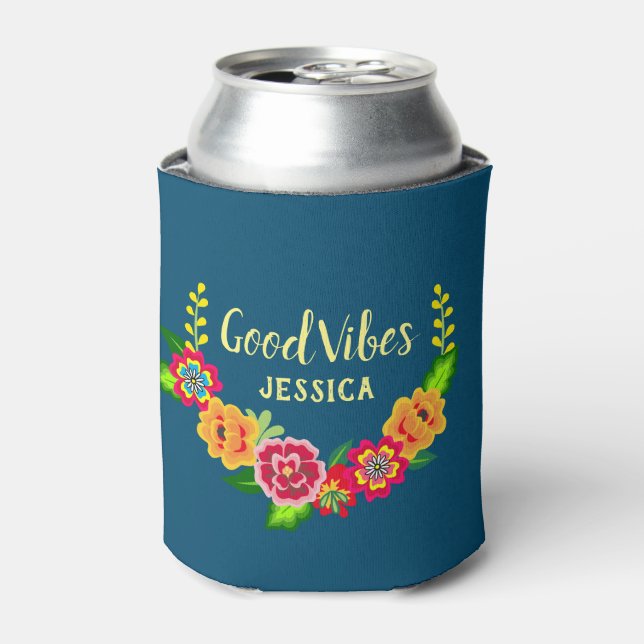 Colourful Floral Wreath Modern Good Vibes Can Cooler (Can Front)
