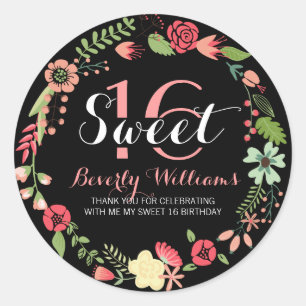 Colourful Floral Wreath On Black Sweet 16 Classic Round Sticker
